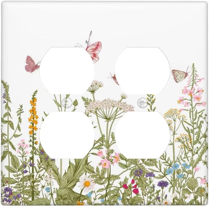 Colorful Butterfly Floral Plants Flower Vine Outlet Covers 2 Gang Double Duplex Decorative Light Switch Covers Electrical Wallplates Socket Faceplate for Bed Room Living Room Decor