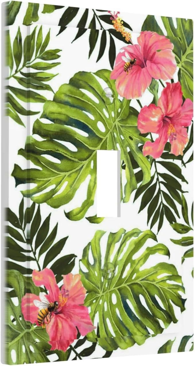 Tropical Plant Green Palm Single Toggle Wall Plate Covers 1 Gang Light Switch Cover Banana Leaves Pink Flower Rainfores Jungle Botanical Faceplate Decorative Electrical for Bathroom Kitchen Home Decor