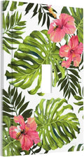 Tropical Plant Green Palm Single Toggle Wall Plate Covers 1 Gang Light Switch Cover Banana Leaves Pink Flower Rainfores Jungle Botanical Faceplate Decorative Electrical for Bathroom Kitchen Home Decor