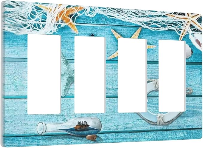Turquoise Teal Fishing Net Wood Plank 4 Gang Quad Rocker Light Switch Cover Plate Decorative Electric Faceplate Switchplate Living Room Bedroom Decorate Jumbo Screwless