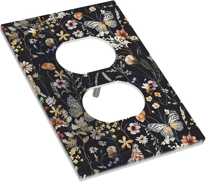 Vintage Flower Leaves 1 Gang Outlet Plate Duplex Decorative Dark Backgrounds Art Outlet Covers Butterfly Electrical Receptacle Lightswitch Faceplate Cute Bees Dimmer Decor for Bedroom Kitchen