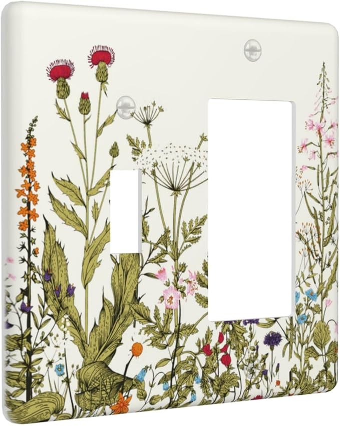 Country Vintage Wild Flowers Floral 2 Gang Single Toggle/Rocker Combination Light Switch Cover Decorative Combo Wall Plate Cover Electrical Faceplate Room Decor