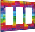 3D Colorful Rainbow Wall Abstract Squre Shaped 3 Gang Rocker Light Switch Covers Decorative Unique Triple Outlet Wall Plate Cover Faceplate Decorative Switchplate GFCI for Kitchen Bedroom Decor