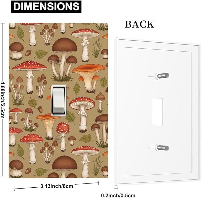 Whimsical Mycology 1-Gang Toggle Light Switch Plate, Vintage Mushroom Woodland Medley Decorative Wall Plate for Farmhouse Home Decor