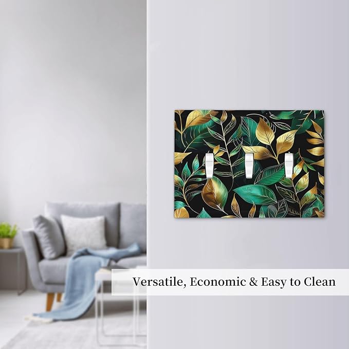 Decorative Switch Plates Vintage Dark Green Vine Leaf Golden Plants 3 Gang Wall Plate Triple Toggle Light Switch Cover Faceplate Electrical Wall Panels for Bed Room Cabin Decor