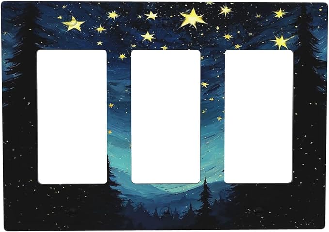 Light Switch Covers Blue Starry Sky Forest Painted Star Pine Tree Oil Painting 3 Gang Rocker Electrical GFCI Decorative Triple Outlet Wall Plate Cover Switchplate for Bedroom Cabin Decor