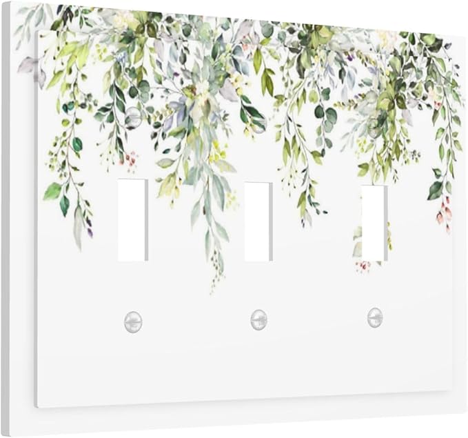 Decorative Switch Plates Green Eucalyptus Leaves Floral Wildflower 3 Gang Wall Plate Triple Toggle Light Switch Cover Faceplate Electrical Wall Panels For Bed Room Living Room Decor