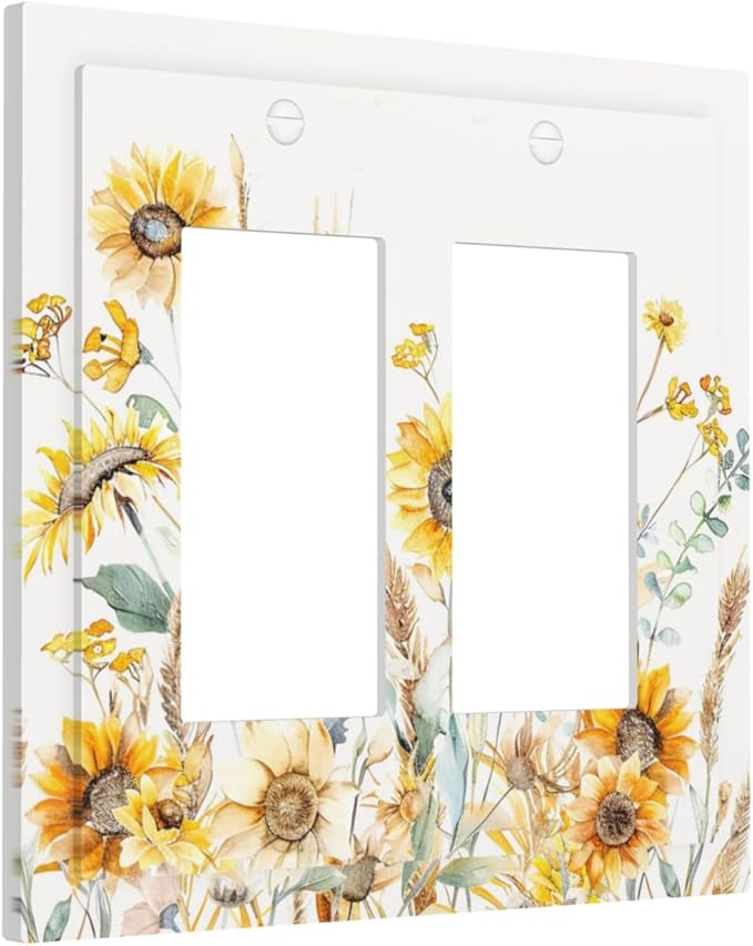 Yellow Floral Sunflowers Wheat Ears Watercolor Wild Flowers Decorative Outlet Covers 2 Gang Double GFCI Rocker Electrical Wall Panels Light Switch Cover Plate for Bedroom Living Room Decor