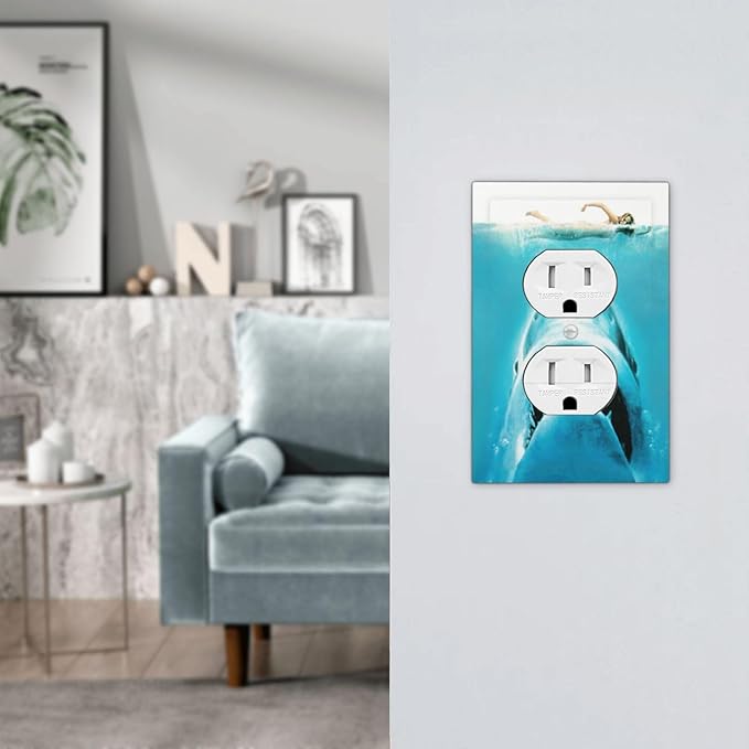 Beach Shark Oceanjaws Movie Vintage Look Outlet Covers 1 Gang Duplex Light Switch Cover Decorative Switch Plates Electrical Receptacle Faceplate Wall Plate for Bathroom Kids Room Decor