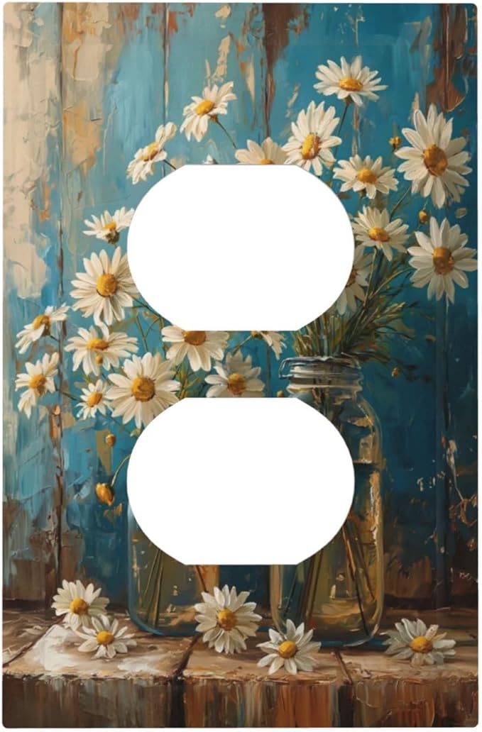 Delicate White Daisy Jars Retro Wood Background Outlet Covers 1 Gang Duplex Light Switch Cover Decorative Switch Plates Electrical Receptacle Faceplate Wall Plate for Farmhouse Home Decor