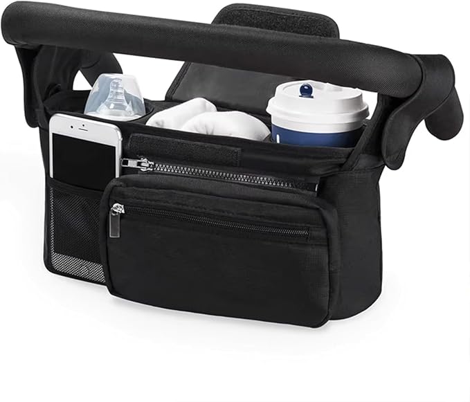 Universal Stroller Organizer with Insulated Cup Holder Detachable Phone Bag and Carry Strap Fits Uppababy, Baby Jogger, Britax, BOB, Umbrella and Pet Stroller and more (Black)