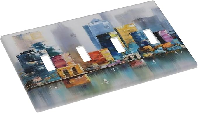 Colorful Nyc Skyline Textured Modern Abstract Light Switch Covers Quad Toggle Electrical Faceplate 4 Gang Wall Plate Decorative Switch Plates Cover for Bedroom Living Room Decor