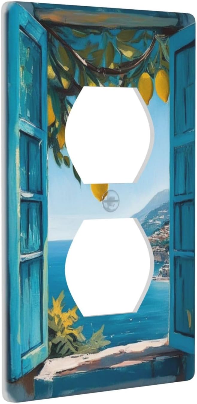Decorative Art Light Switch Covers Seaside Window with Lemons 1 Gang Single Duplex Outlet Wall Plate Switchplate Electrical Faceplate for Home Decor