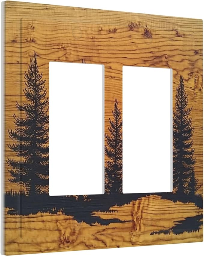 Decorative Outlet Covers Forest Pine Silhouette Rustic Wood Grain 2 Gang Double Gfci Rocker Electrical Wall Panels Light Switch Cover Plate For Farmhouse Cabin Decor