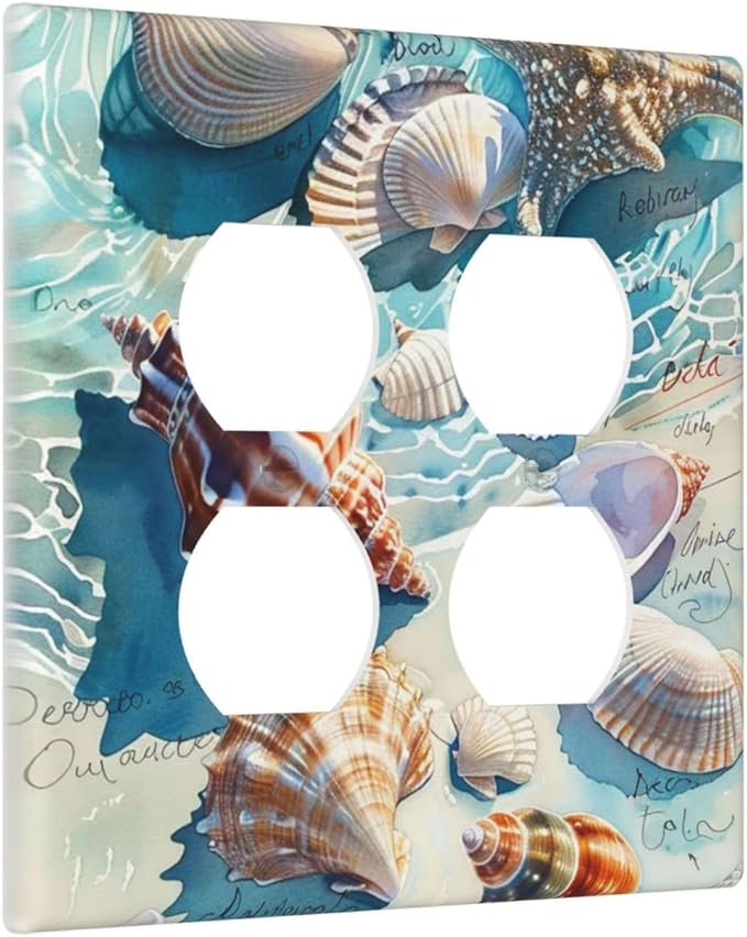 Outlet Covers Ocean Waves Starfish Conch Scallop Shell 2 Gang Double Duplex Decorative Light Switch Covers Electrical Wallplates Socket Faceplate For Kids Room Nursery Decor