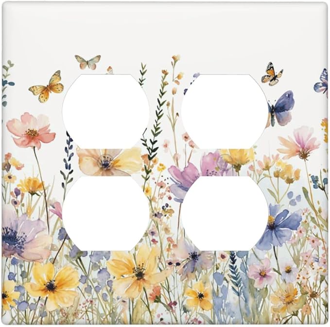 Wildflowers Colorful Flower Butterfly Floral Outlet Covers 2 Gang Double Duplex Decorative Light Switch Covers Electrical Wallplates Socket Faceplate for Farmhouse Bedroom Decor