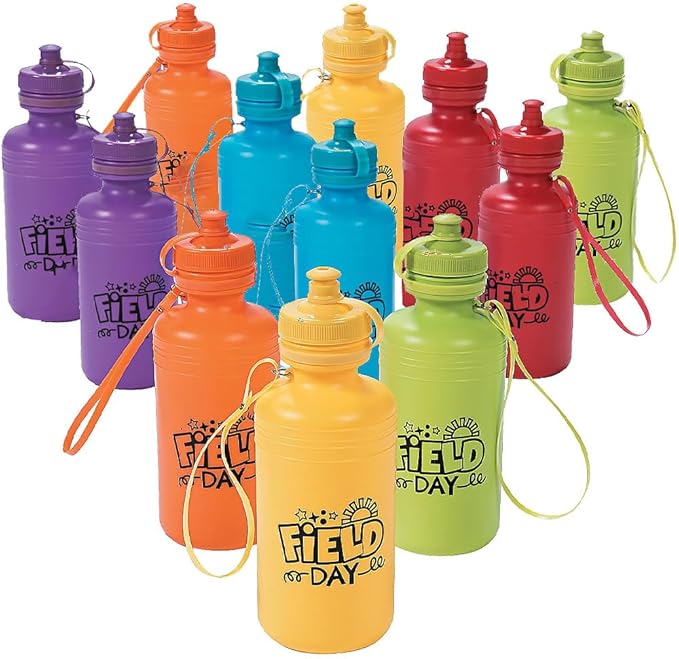 Fun Express Kids Water Bottle 12 Pack - BPA Free Plastic Reusable Water Bottles for School, Field Day & Sports | Small 12 oz Mini Water Bottles Bulk Set with Carrying Strap for Classroom Team Events
