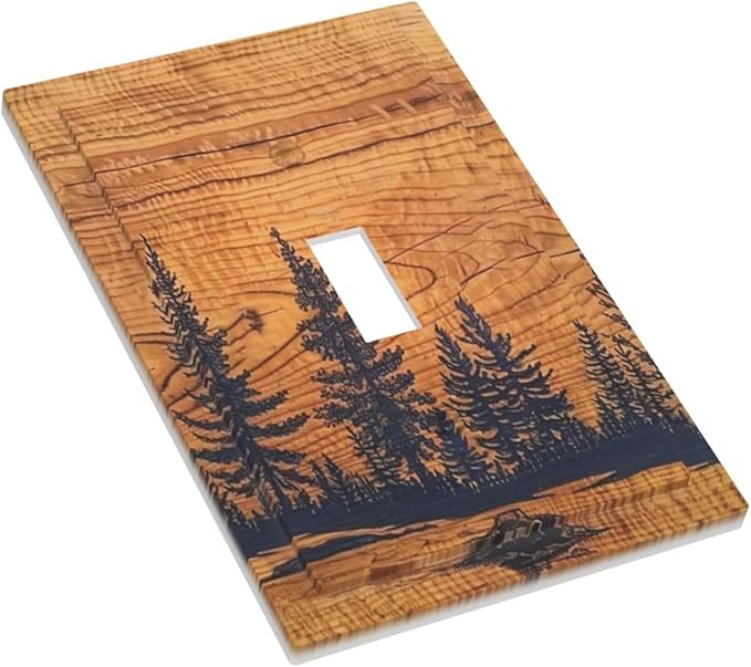 Rustic Country Lodge Style Brown Pine Tree Forest Woodland Woods Wooden Single 1 Gang Light Switch Cover Art Single Toggle Decorative Device Decorator Face Wall Plate Outlet Cover Switchplate(Plastic)