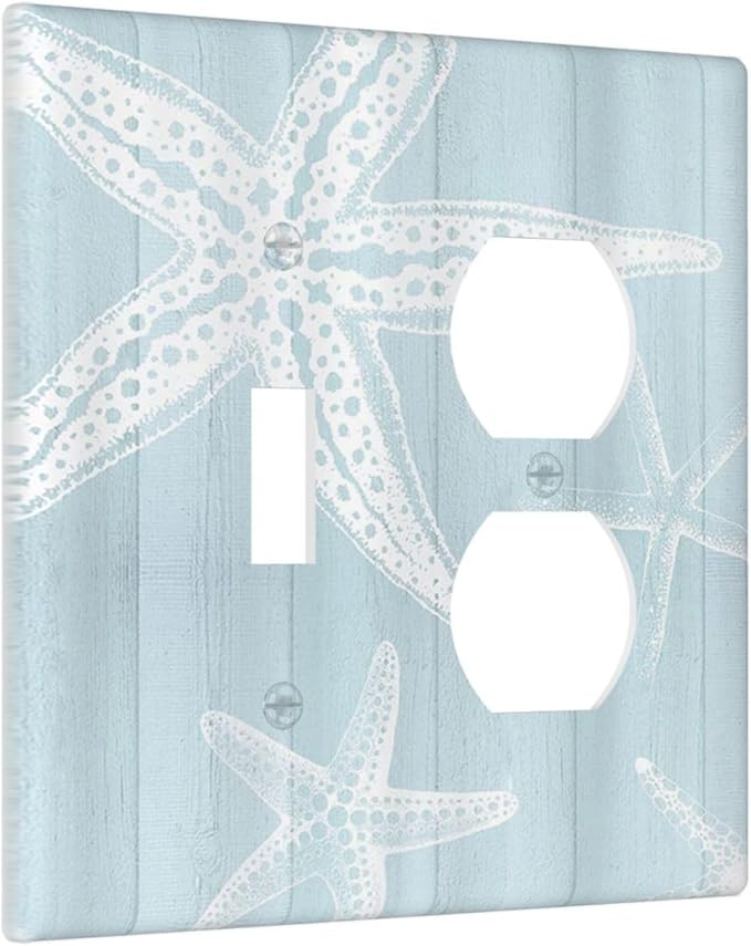 Outlet Covers Blue Wooden Plank Starfish Ocean Vintage 2 Gang Decorative Switch Plates 1 Toggle Duplex Combo Light Switch Cover GFCI Electrical Wall Plates for Bathroom Bedroom Decor