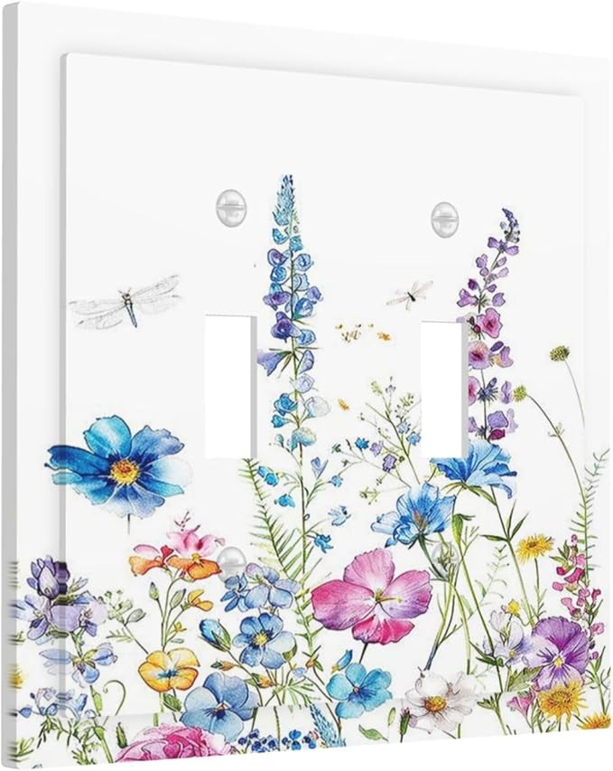 Decorative Switch Plates Boho Colorful Flowers Plants And Dragonflies 2 Gang Double Toggle Wall Plate Outlet Light Switch Cover Electrical Faceplate for Bedroom living Room Decor