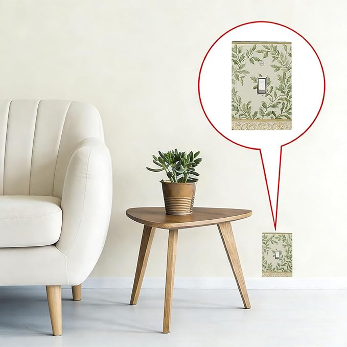 Soft Green Botanical Scroll 1-Gang Toggle Light Switch Plate, Regency Style Leafy Vine Design Decorative Wall Plate for Bedroom Living Room Decor