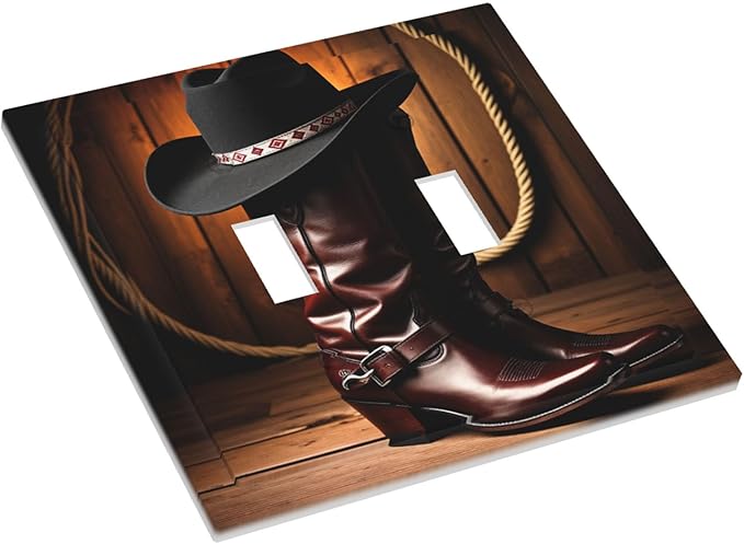 Western Cowboy Boots & Hat Double Toggle Switch Cover - 2-Gang Standard US Size Rustic Ranch Cowboy Light Switch Covers for Man Cave Bedroom Decor