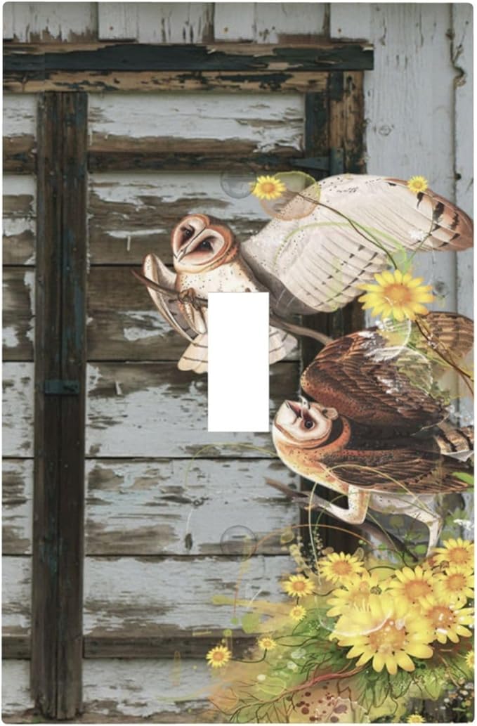 Vintage Brown Blue Old Wooden Door Single Toggle Wall Plate Covers 1 Gang Light Switch Cover Antique Barn Door with Owls Sunflower Faceplate Decorative Electrical for Bathroom Kitchen Home Decor