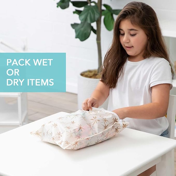 Bumkins Waterproof Wet Bag for Baby, Travel, Swim Suit, Cloth Diapers, Pump Parts, Pool, Beach, Gym Clothes, Toiletry, Hook to Stroller, Daycare, Zipper Reusable Wetdry Packing Pouch, Palm Trees
