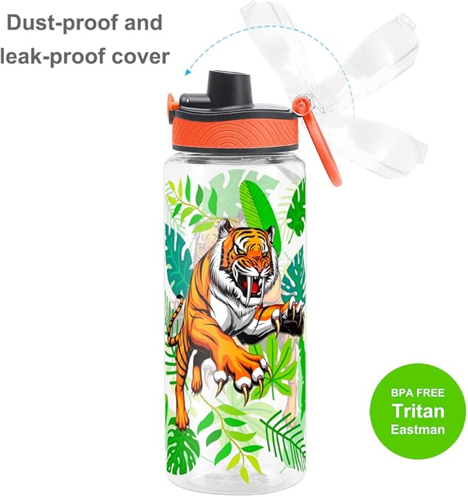 Home Tune Cute Water Bottle for School Kids Girls, BPA FREE Tritan & Leak Proof & Easy Clean & Carry Handle, 23oz/ 680ml - Tiger