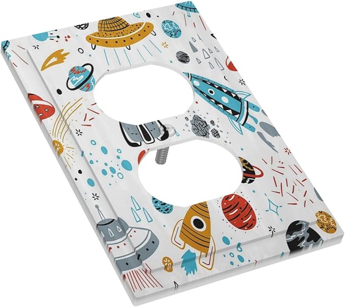 Cartoon Space Rocket Boys Universe Planet 1 Gang Outlet Plate Decorative Single Duplex Wall Plate Covers Unique Electrical Receptacle Light Switch Cover Art Faceplate Switchplate for Kidroom Decor