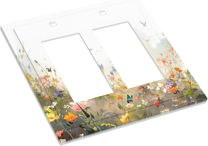 Wildflowers Watercolor Floral Colorful Butterfly Decorative Outlet Covers 2 Gang Double GFCI Rocker Electrical Wall Panels Light Switch Cover Plate for Farmhouse Bed Room Decor