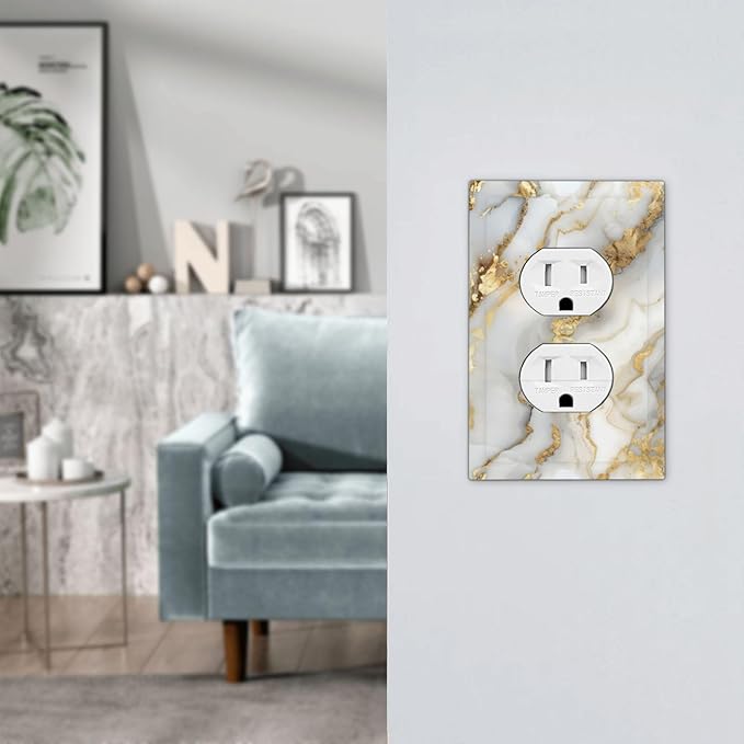 Luxurious White Gold Marble Patterns Abstract Outlet Covers 1 Gang Duplex Light Switch Cover Decorative Switch Plates Electrical Receptacle Faceplate Wall Plate for Bathroom Kitchen Decor