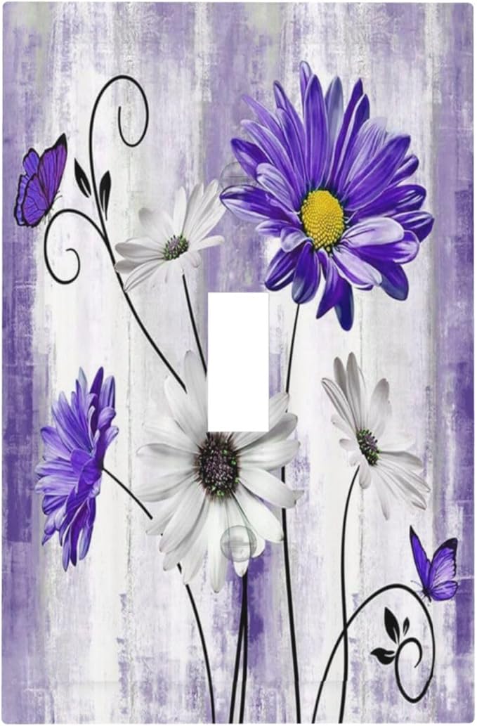 Decorative Light Switch Cover Plate Rustic Purple Daisy Butterfly Boho White Floral 1 Gang Wall Plate Cover Single Toggle Switch Plate Covers Jumbo Electrical Switchplate Receptacle Faceplate