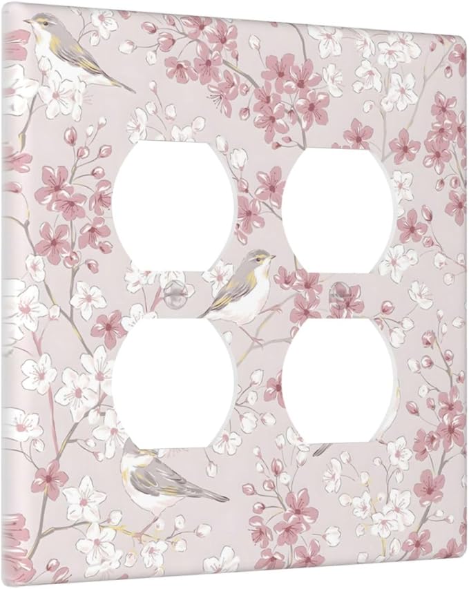 Pink Sakura Cherry Blossom Vintage Bird Floral Flower Outlet Covers 2 Gang Double Duplex Decorative Light Switch Covers Electrical Wallplates Socket Faceplate for Bedroom Living Room Decor