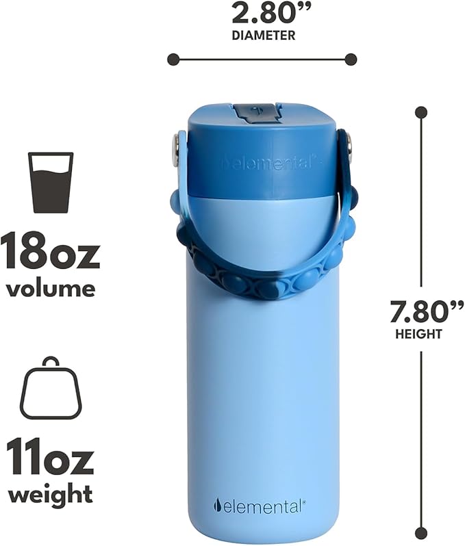 Elemental Insulated Kids Water Bottle, Stainless Steel Water Bottle with Straw Lid & Pop-It Handle, Leak-Proof Water Bottles for School, Boys or Girls, Travelling and Sports, 18oz - Ocean Tie Dye