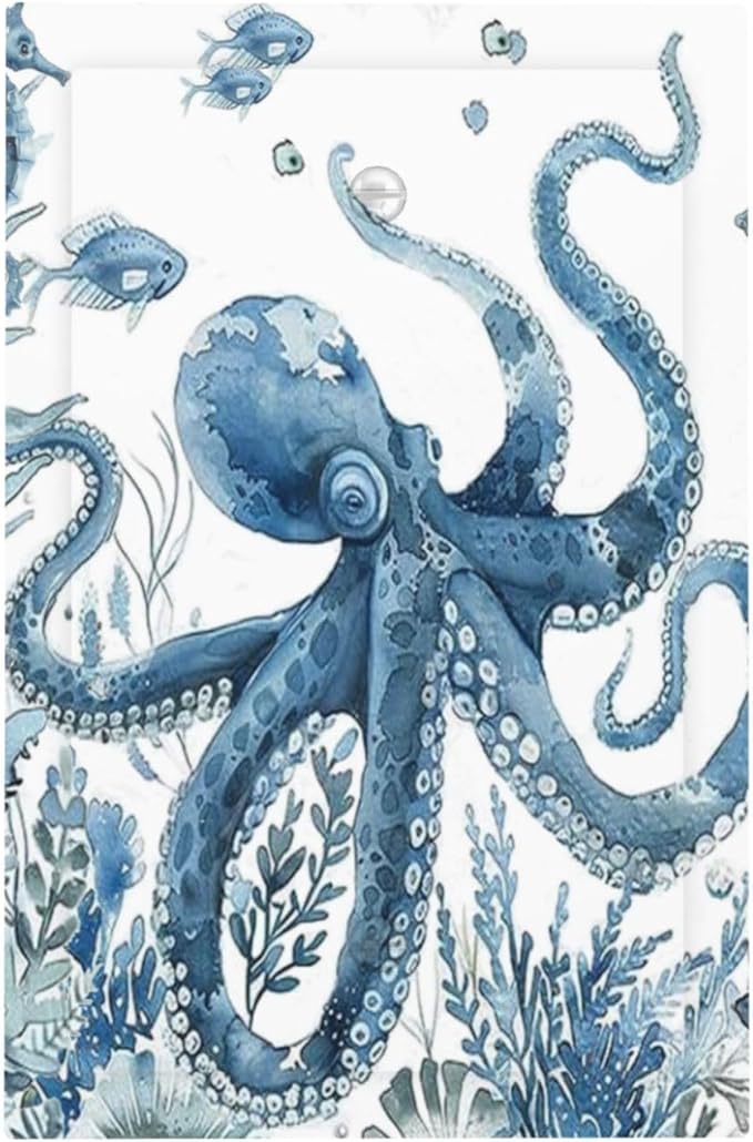 Blue Octopus Squid Seahorse Coral Watercolor Wild Sealife Light Switch Cover Plate 1 Gang No Device Blank Electrical Wall Plates Faceplate Decorative Switch Plate for Bathroom Kids Room Decor
