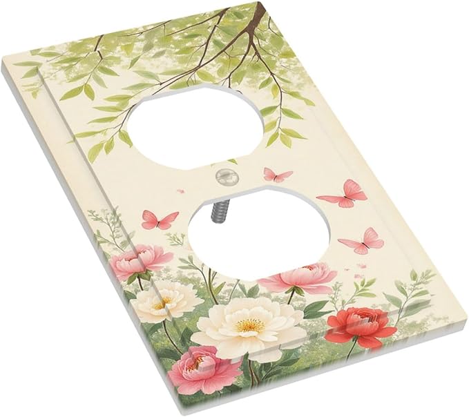 Outlet Covers Garden Flowers Green Leaves And Butterflies 1 Gang Duplex Electrical Receptacle Faceplate Light Switch Cover Wall Plate Decorative Switch Plates for Bedroom Cabin Decor
