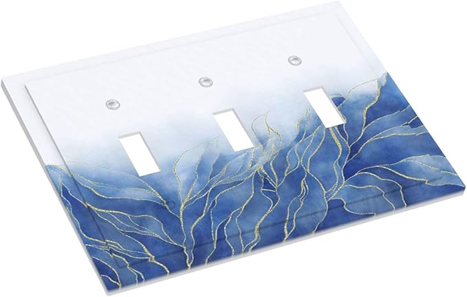 Light Switch Cover Plate Blue Gold Leaf Marble Modern Abstract 3 Gang Triple Toggle Decorative Switch Plates Wall Plates Electrical Switchplate Faceplate for Kitchen Bathroom Decor
