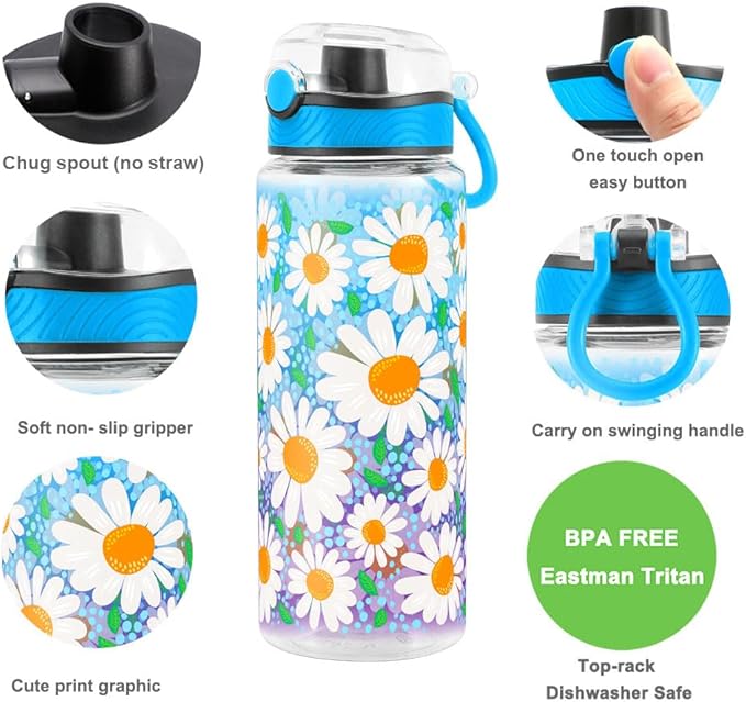 Home Tune Cute Water Bottle for School Kids Girls, BPA FREE Tritan & Leak Proof & Easy Clean & Carry Handle, 23oz/ 680ml - Daisy