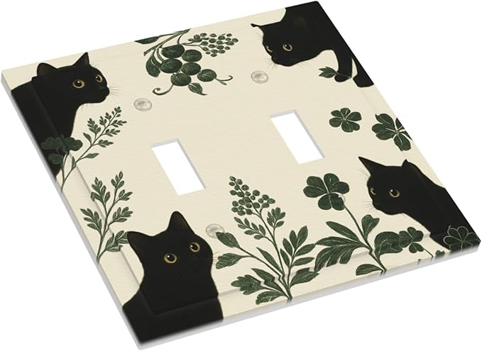 Decorative Light Switch Cover Plate Funny Black Cat Green Leaf 2 Gang Outlet Covers Double Toggle Wall Plates for Electrical Outlets Switch Plate Covers Faceplate for Bedroom Home Decor