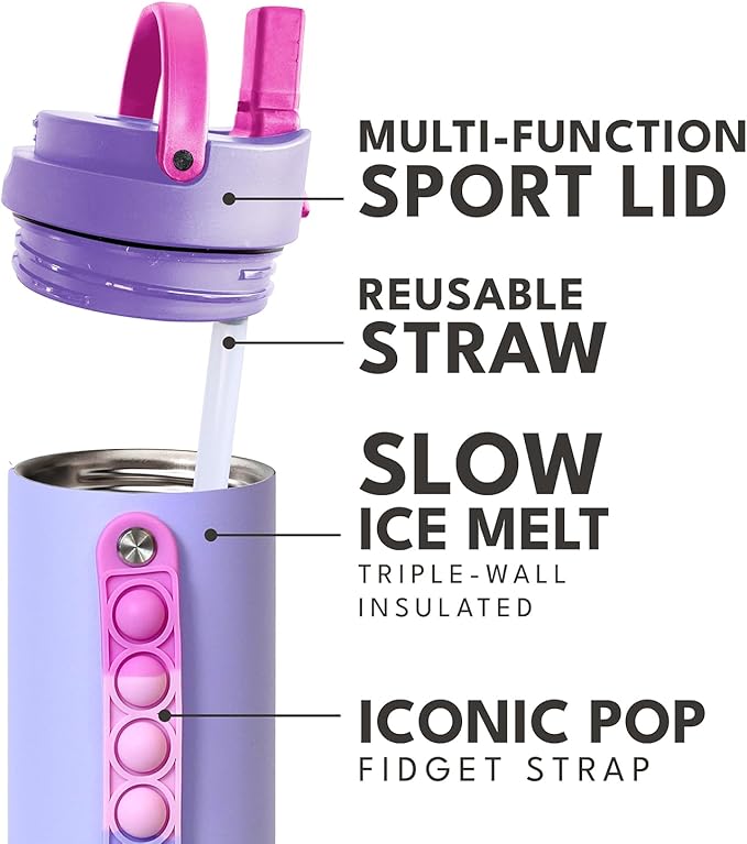 Elemental Iconic Kids Water Bottle for School - 100% Leak-Proof Insulated Water Bottles with Straw Lid & Pop-It Handle for Boys & Girls - Triple-Wall Insulated & BPA-Free, 20oz – Lilac Tie Dye