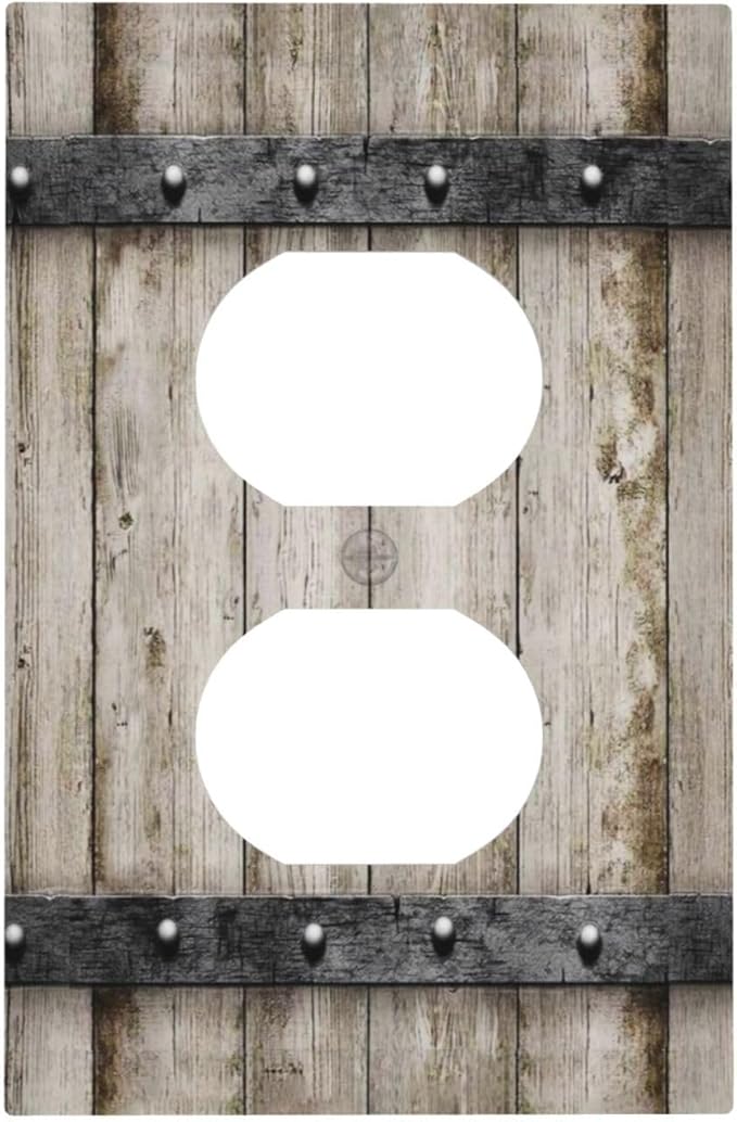 1 Gang Single Duplex Receptacle Outlet Cover Western Barn Rustic Cabin Vintage Brown Wooden Wood Retro Metal Texture Electrical Wall Plate One Gang Dual Device Light Switch Faceplate Socket Plug Cover