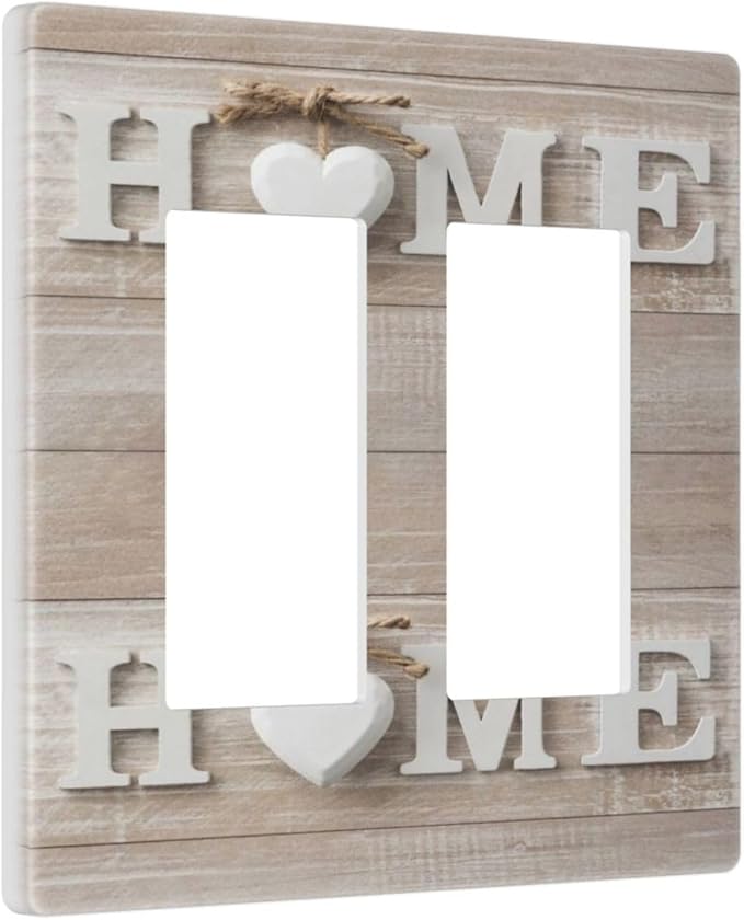 Country Wooden Sweet Home White/Brown Wood Sign Letter 2 Gang Double Decorator GFCI/Rocker Wall Plate Farmhouse Love Family Electrical Outlet Decorative Receptacle Cover Light Switch for Dimmer, USB