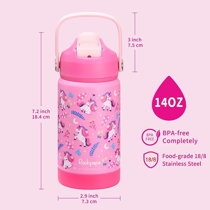 rockpapa 14 oz Kids Insulated Water Bottle，Stainless Steel Toddler Cups with Straws, BPA Free, Leak-Proof, Kids Water Bottle for School Boys& Girls (Pink Unicorn)