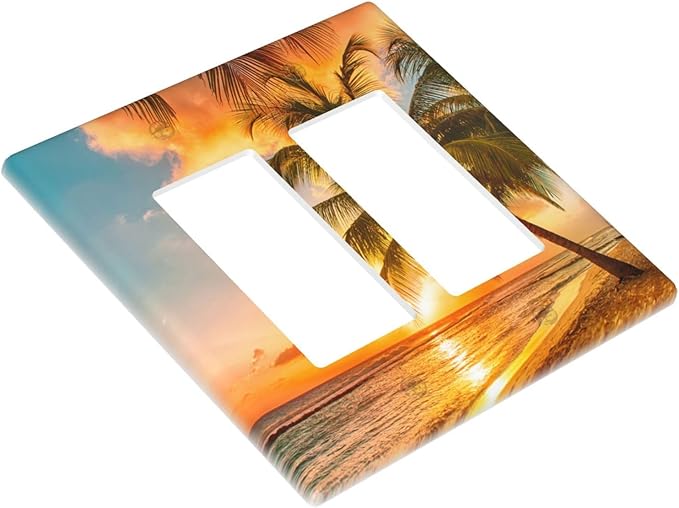 Hawaii Coastal Beach 2 Gang Rocker Decora Light Switch Covers Decorative Palm Tree Sunset Ocean Outlet Covers Wall Plate Electrical Faceplate Switchplate GFCI for Bathroom Bedroom Decor
