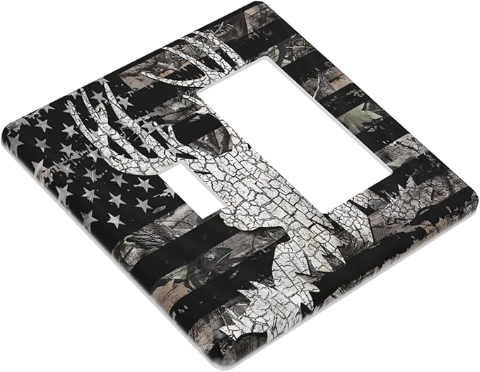 2-Gang 1-Toggle 1-Decora/GFCI Device Combination Wall Plate Rustic Hunting Forest Camo American USA Flag Deer Elk Moose Antlers Wildlife Animal Combo Toggle Decorator Outlet Light Switch Cover