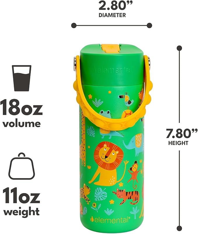 Elemental Insulated Kids Water Bottle, Stainless Steel Water Bottle with Straw Lid & Pop-It Handle, Leak-Proof Water Bottles for School, Boys or Girls, Travelling and Sports, 18oz - Green Jungle