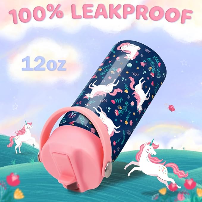 Unicorn Water Bottle - Kids Water Bottle Straw Lid - Insulated 12 Oz Stainless Steel Water Bottles for Kid Girl - Travel Cup for School Sports