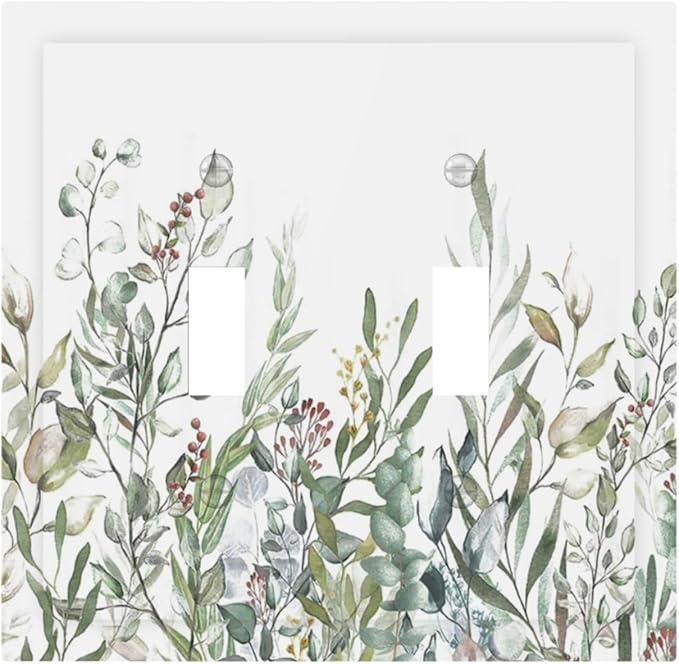 Wildflower Garden Rustic Green Leaf Floral Decorative Switch Plates 2 Gang Double Toggle Outlet Light Switch Cover Wall Plate Electrical Faceplate for Bed Room Living Room Decor