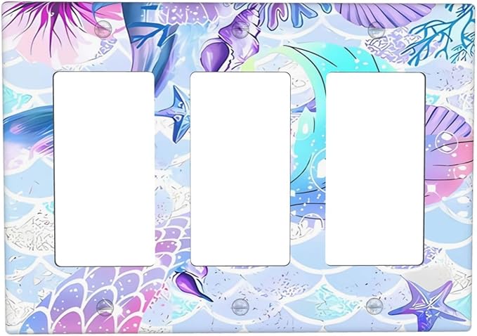 Mermaid Girl Light Switch Cover Plates Decorative 3 Gang Triple Rocker Wall Plate Electrical Switchpalte Faceplate for Kid Bedroom Home Bathroom Decor 6.4" x 4.5"